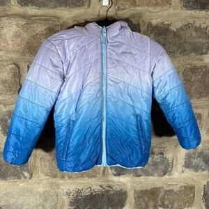 Eddie Bauer Coat Girl's Small 7/8 Blue Purple Reversible Puffer Fuzzy Winter‎